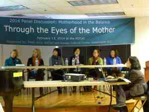 Panel discussion at the Korean Cultural Center, for the "Through the Eyes of the Mother" exhibition, curated by Hye-Seong Tak Lee (center).